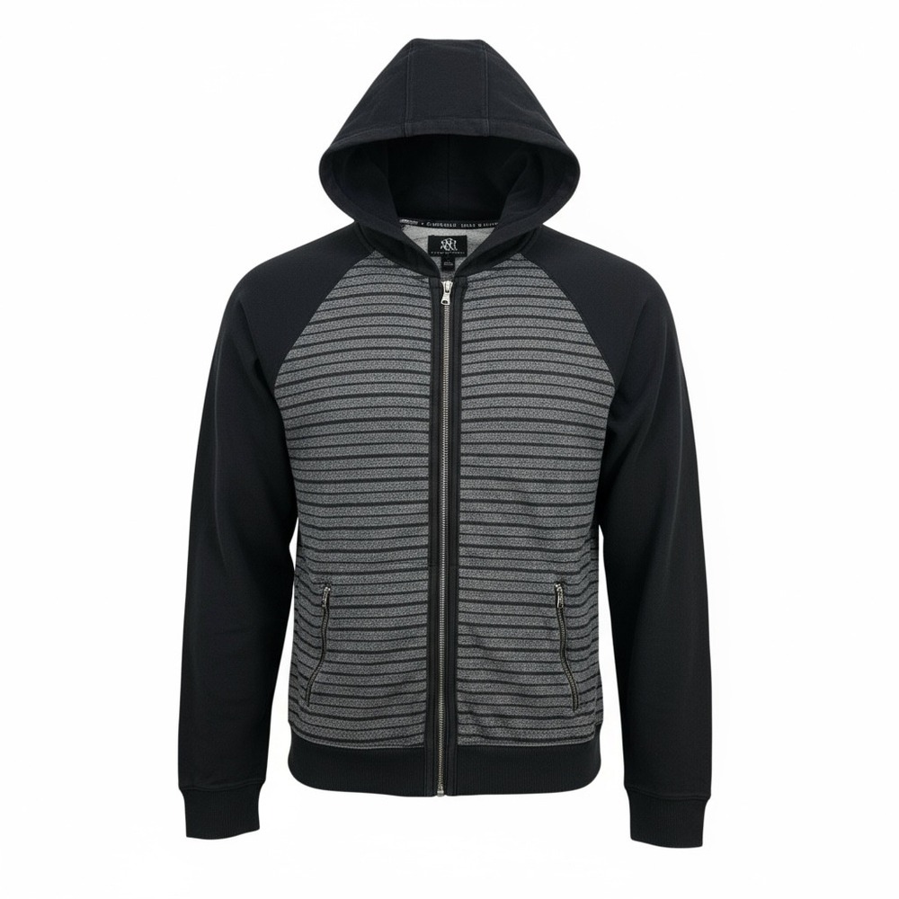Rock & Republic Hoodie Mens Large Black Gray Striped Zip Up Jacket Streetwear